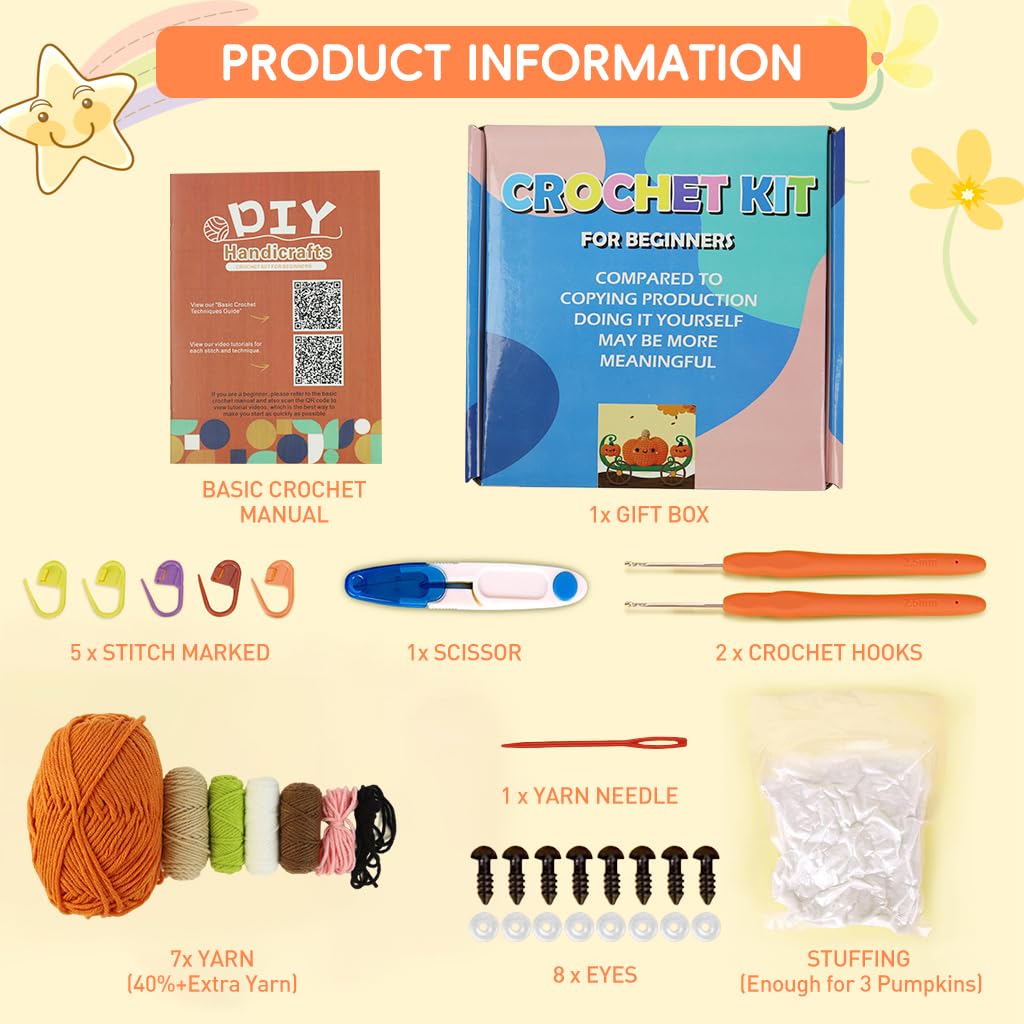 PATPAT DIY Crochet Material Kit for 3 Pumpkin Ornaments with Step-by-Step Tutorial | Kids Craft Set