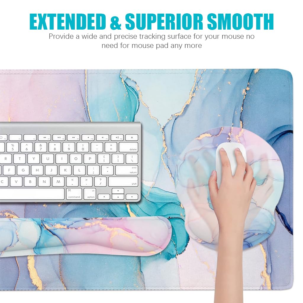 ZORBES Gaming Mouse Pad Wrist Support Set for Home Office with Non Slip Base | Blue Marble 35.4 x 15.7 in Desk Pad and Ergonomic Design