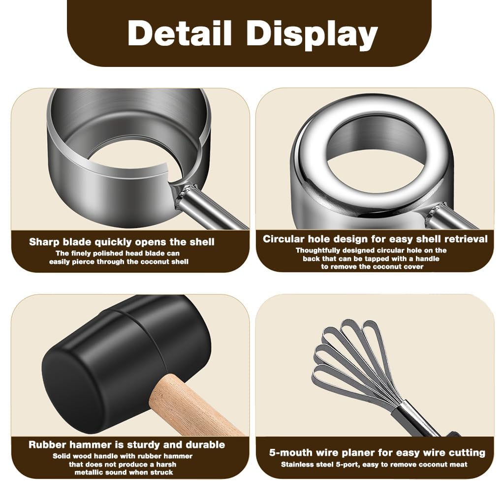 HASTHIP Coconut Opening Tool Set for Home and Outdoor Use with Looped Claw Scraper & Hammer