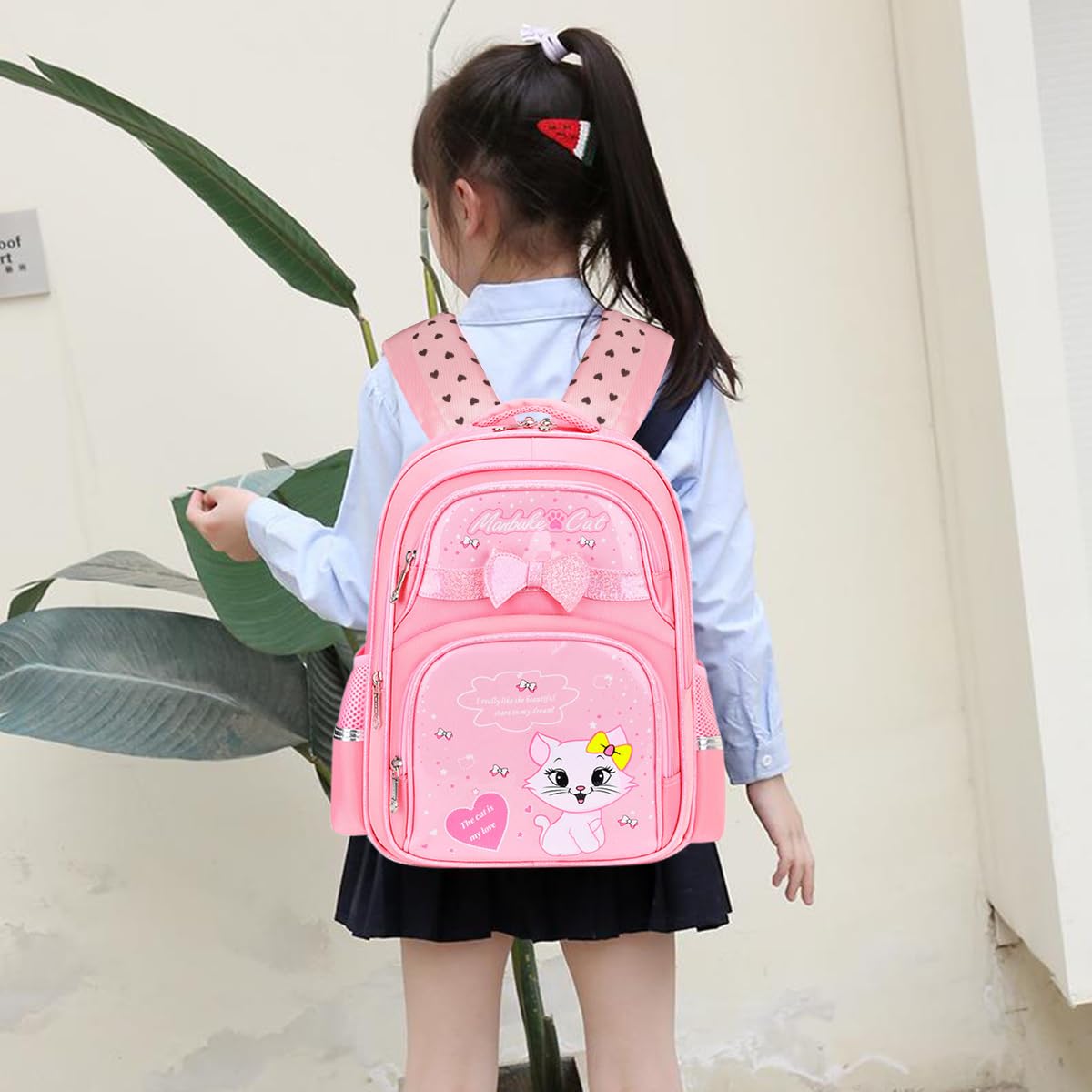 PALAY® School Backpack Girls School Backpack on Wheel Cute Cartoon Print School Backpack Detachable Wheel Stand with Puller School Gift Backpack for 6-12 Years Old