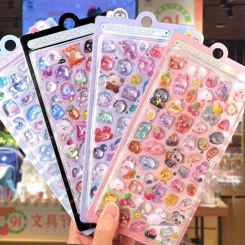 PATPAT® Thick Puffy Stickers for Kids Girls - Cute Kawaii Japanese Soft 3D Squishes with Gem Embellishment - Reusable Puff for Teens