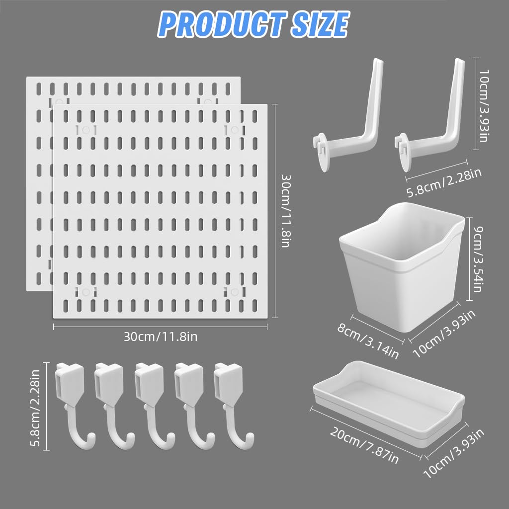 Serplex DIY Assembly Pegboard Kit for Kitchen Office and Garage | 30x30cm PVC Wall Organizer with Hooks Shelf and Storage Box