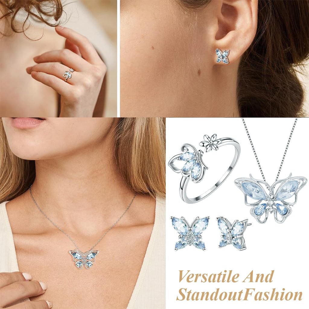 SANNIDHI Jewellery Set featuring 4 Pcs Crystal Butterfly Necklace Ring and Earrings for Women Girls | Blue Gift Collection