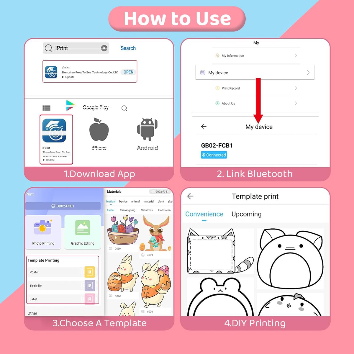 ZEITEL Mini Bluetooth Thermal Printer for Android and iOS with 10 Roll 57x25mm Paper | Pink