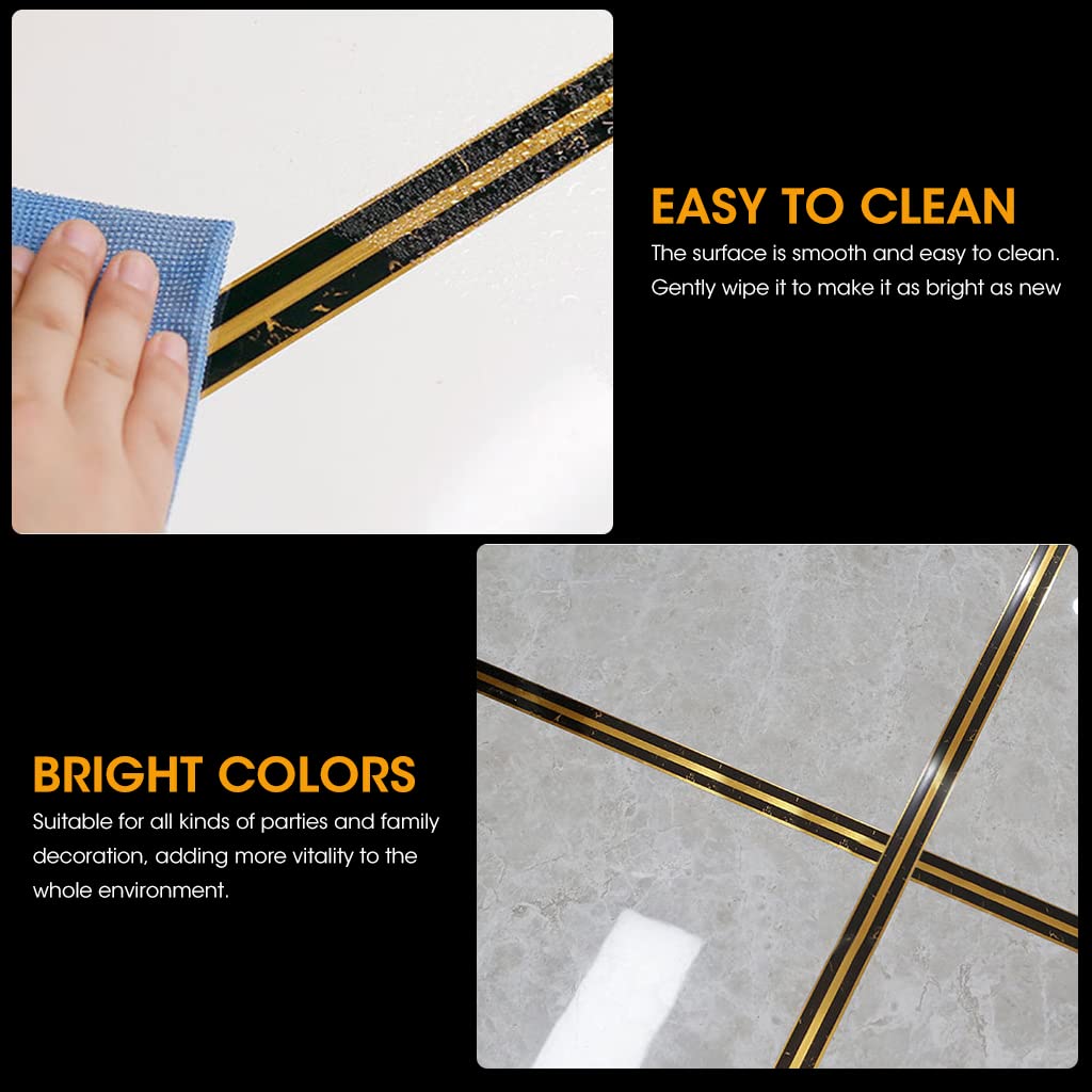 HASTHIP 5M Black Golden Floor Tiles Stickers, Waterproof Tile Gap Tape, PVC Self Adhesive Tape Ceramic Tile Gap Tape for Detailing Walls, Floor Tile Gap, Cabinetry (2.5CM Width *5M Long)