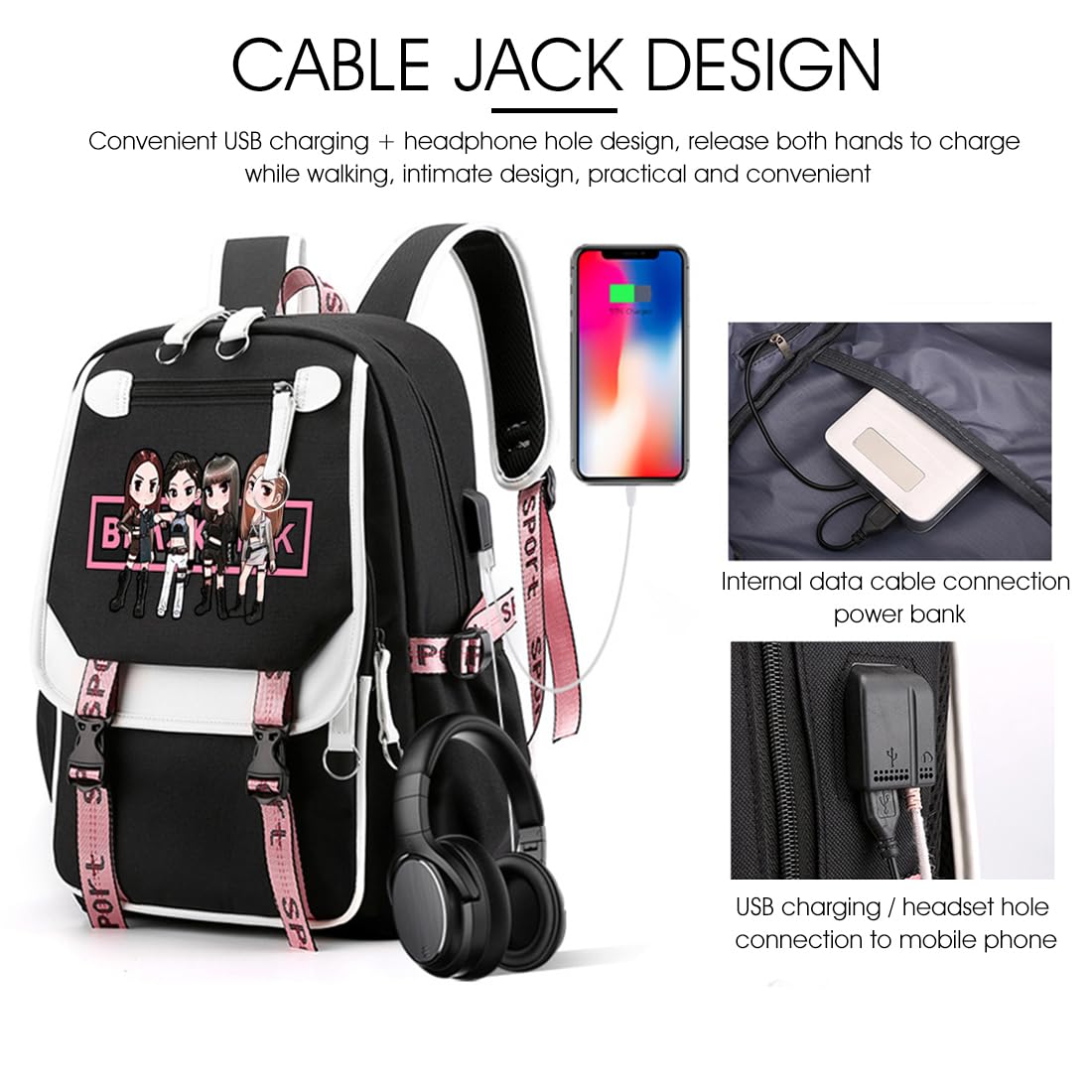 PALAY® Blackpink School Backpack For Girls School Bag With Usb Charging & Headset Port Kpop Idol Print Laptop Backpack College School Bookbag For Boys