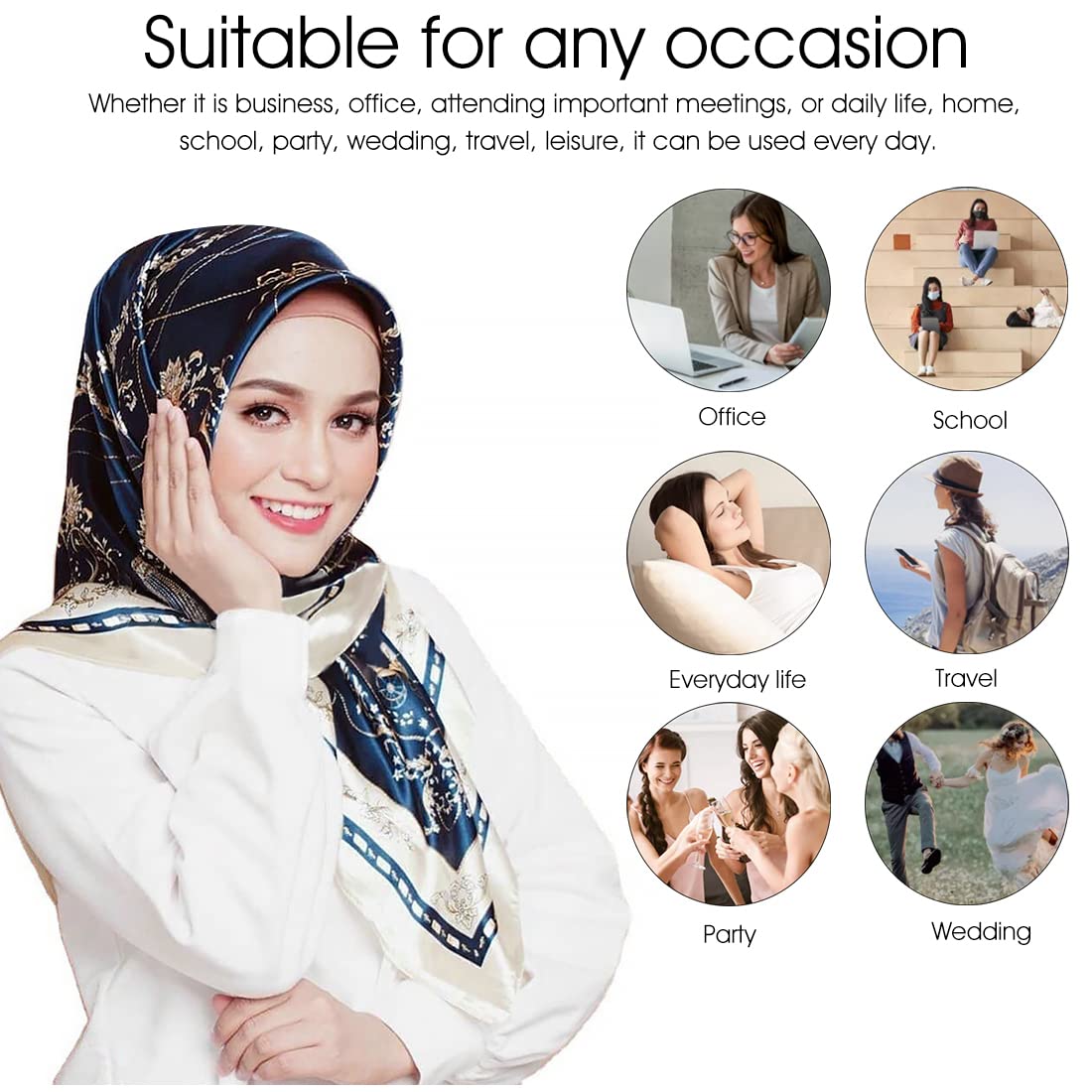 ZIBUYU Head Scarf for Women Satin Square Silk Material Women and Girl Scarf for Medium Size Head Scarf for Women, 35 inch - Blue