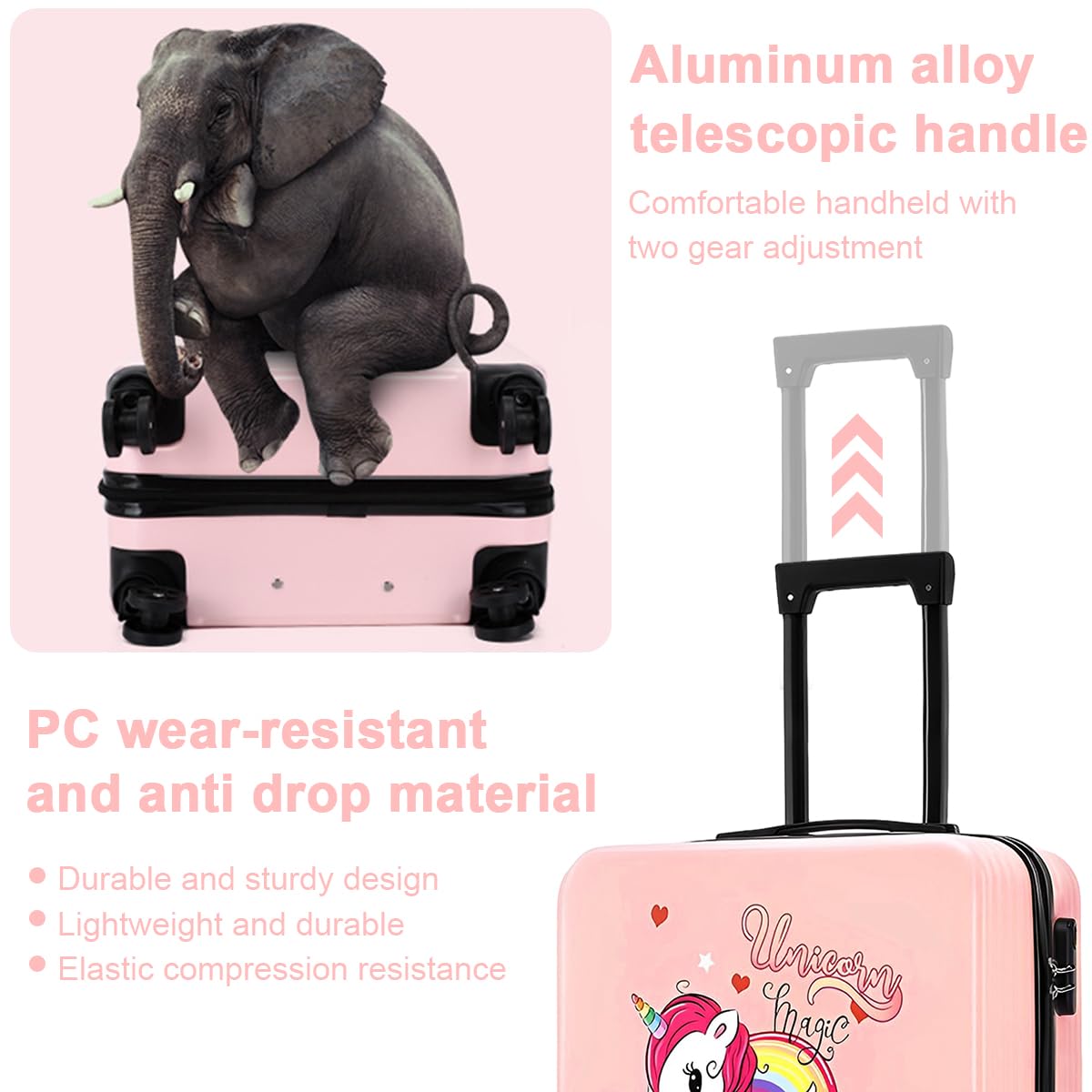 PALAY® Kids Travel Luggage 20'' Wheeled Luggage with Combination Password Lock Sturdy PC Travel Suitcase Cute Cartoon Unicorn Carry-on Wheeled Luggage Travel Roller Luggage School Gift for Students