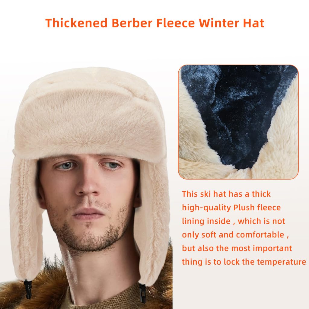 PALAY® Winter Warm Hat Trapper Hat Fleece Warm Hat Motorcycling Hat Unisex Windproof Winter Cap for Men and Women Fashion Plush Trapper Hat Christmas Gift Off-White