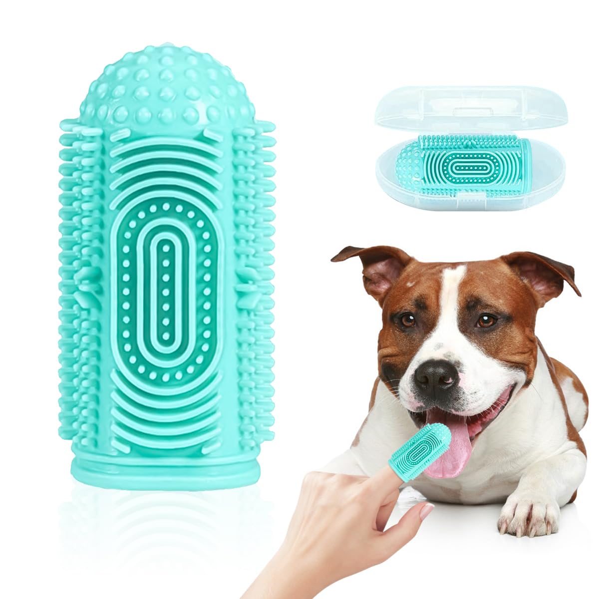 Qpets® Dog Toothbrush, Pet Teeth Cleaning Set Soft Silicone Finger for Dog, Protecting Dog Dental Health Pets Oral Care Supplies, Dog Toothbrush Index Finger Sleeve with Storage Case, Blue