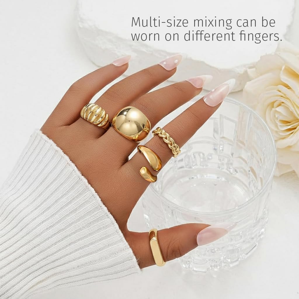 SANNIDHI Rings Set for Women with Adjustable Open Design and Gold Alloy Finish | 5Pcs Stackable Thumb and Punk Style