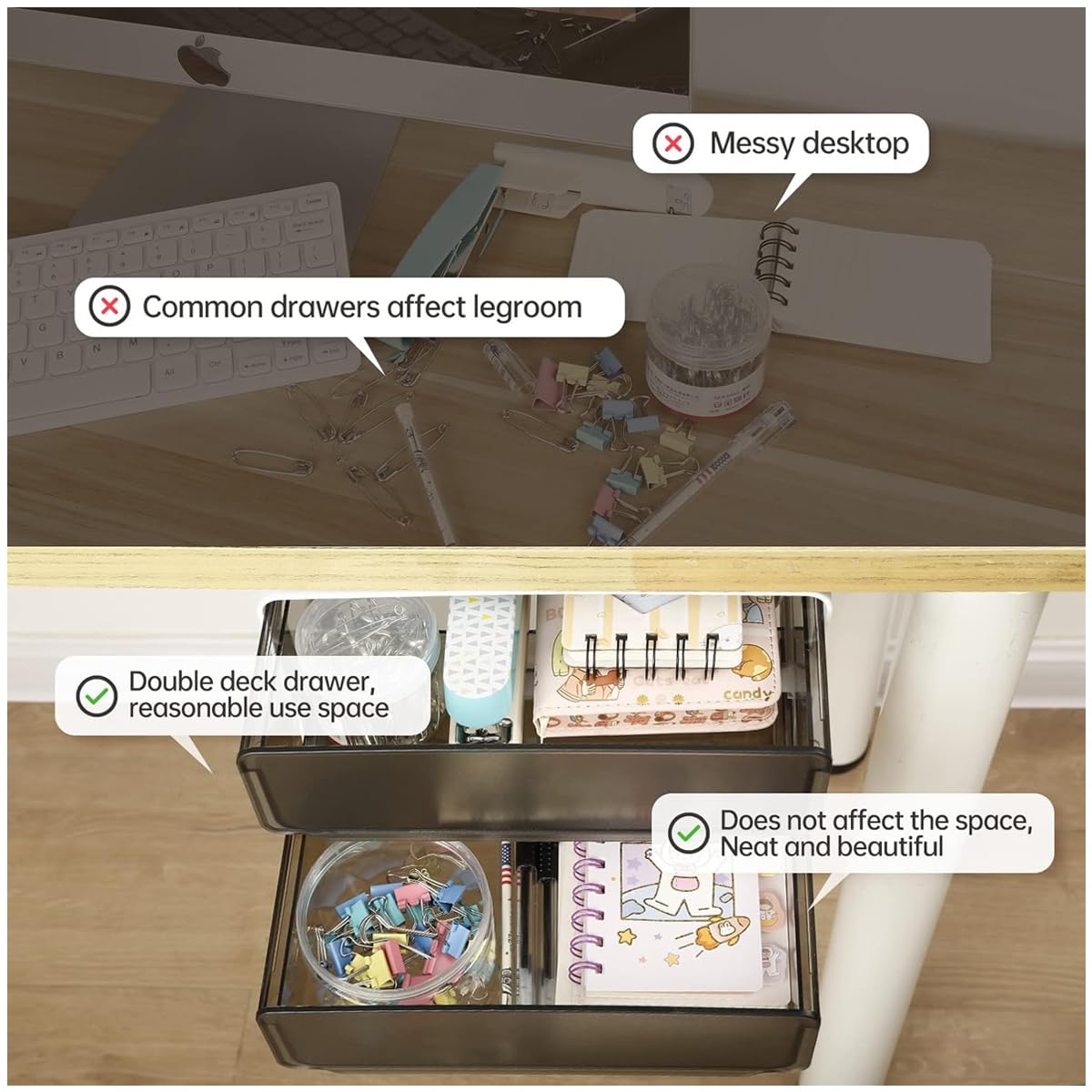 Climberty Under Desk Drawer Storage Organizer for Office and Home with Double Layer 20.5×17.5 cm Compartments | Semi Transparent ABS PP Construction
