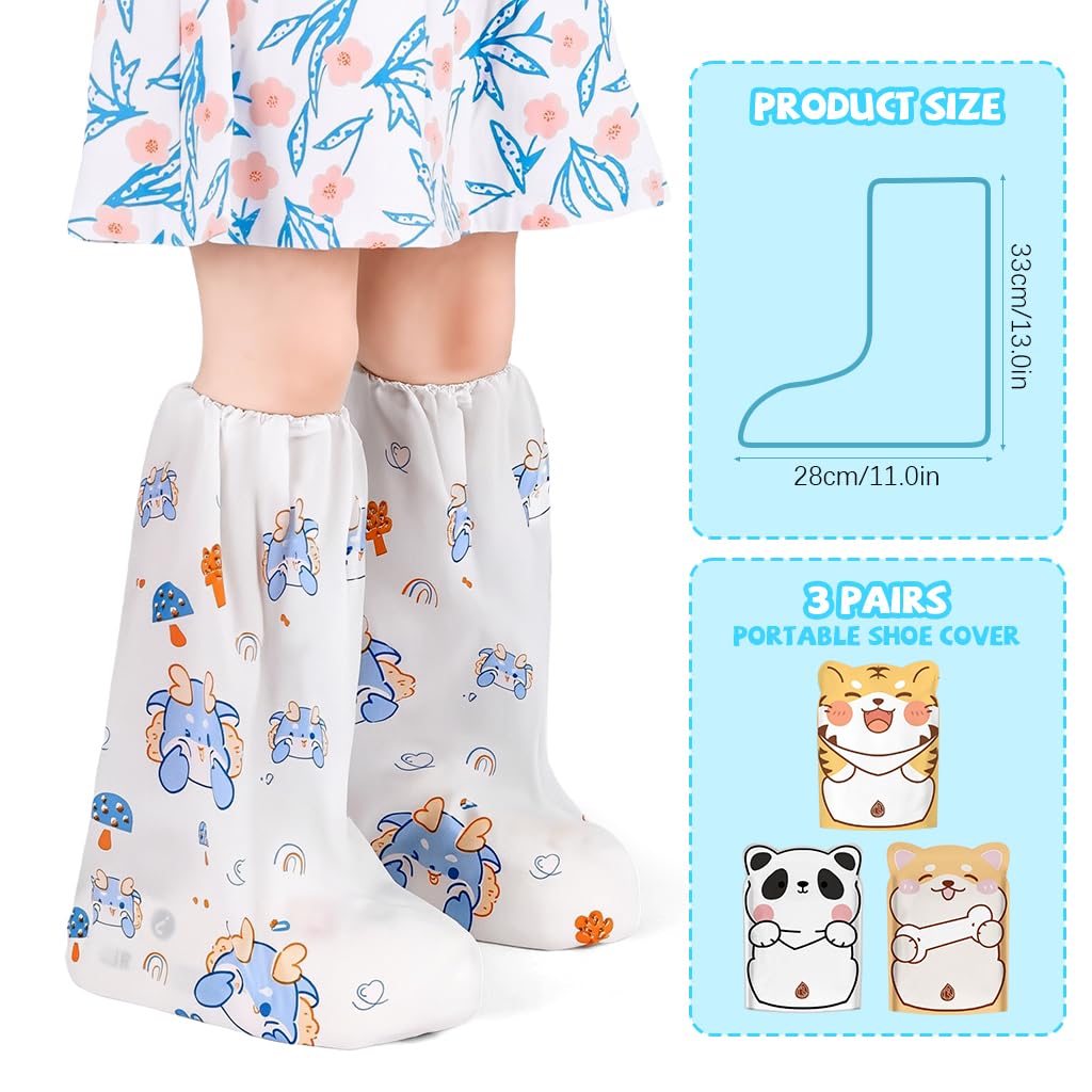 PALAY Rain Shoe Covers for Kids with Elastic Collar and Cartoon Style | 3 Pairs 28 cm Fit