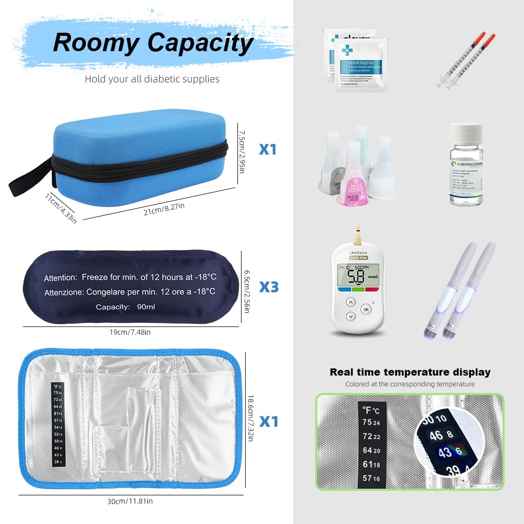 ZIBUYU Insulin Cooler Travel Case for Diabetic Supplies with 3 Ice Packs and Temperature Display | Blue Portable Bag 8.67×4.33×2.03 in