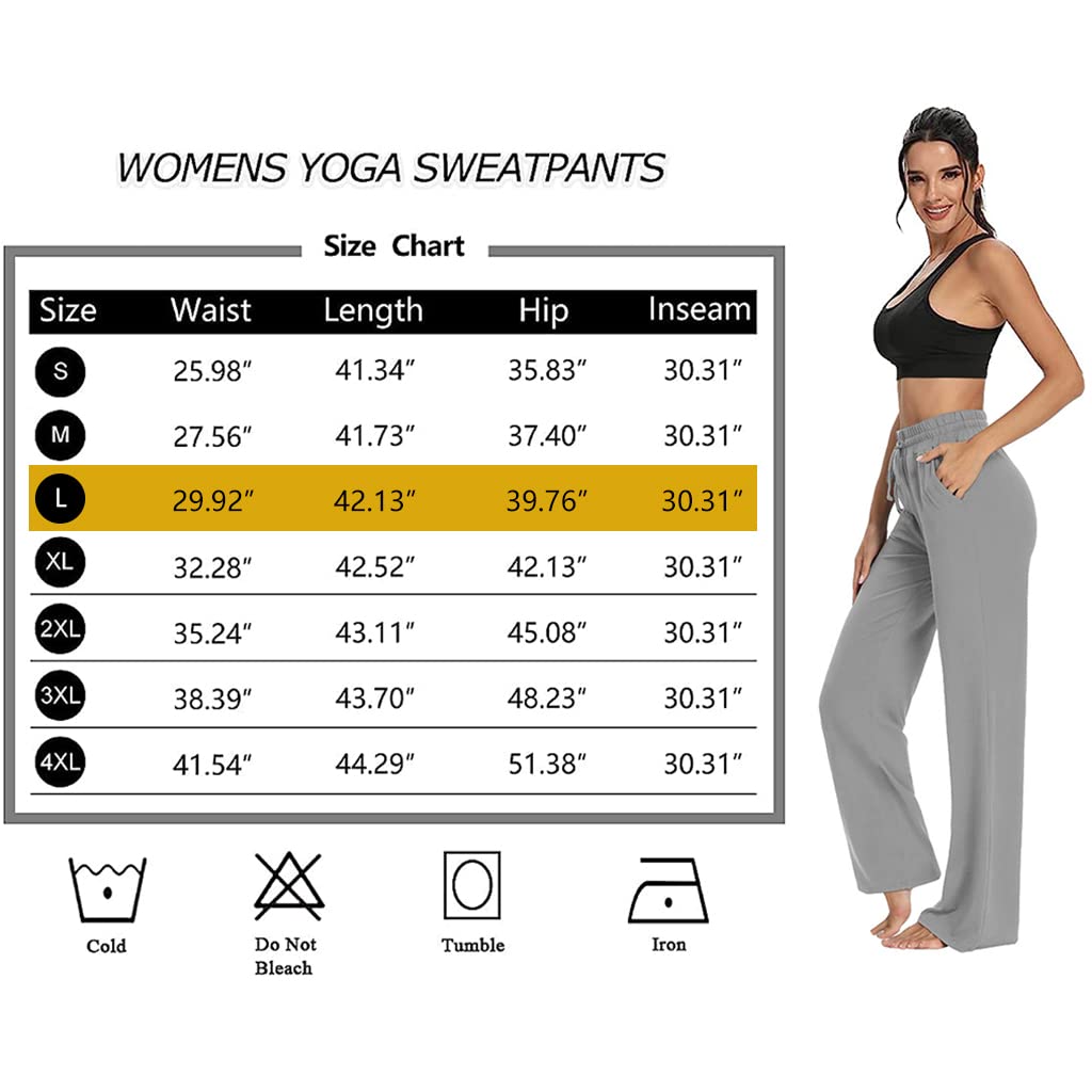 PALAY® Yoga Pants for Women Cotton Sweatpant Wide Leg Lounge Pajamas Pants with Pockets, Casual Trousers Comfy Drawstring Straight Pants for Jogging Workout Running (Grey, Size L)