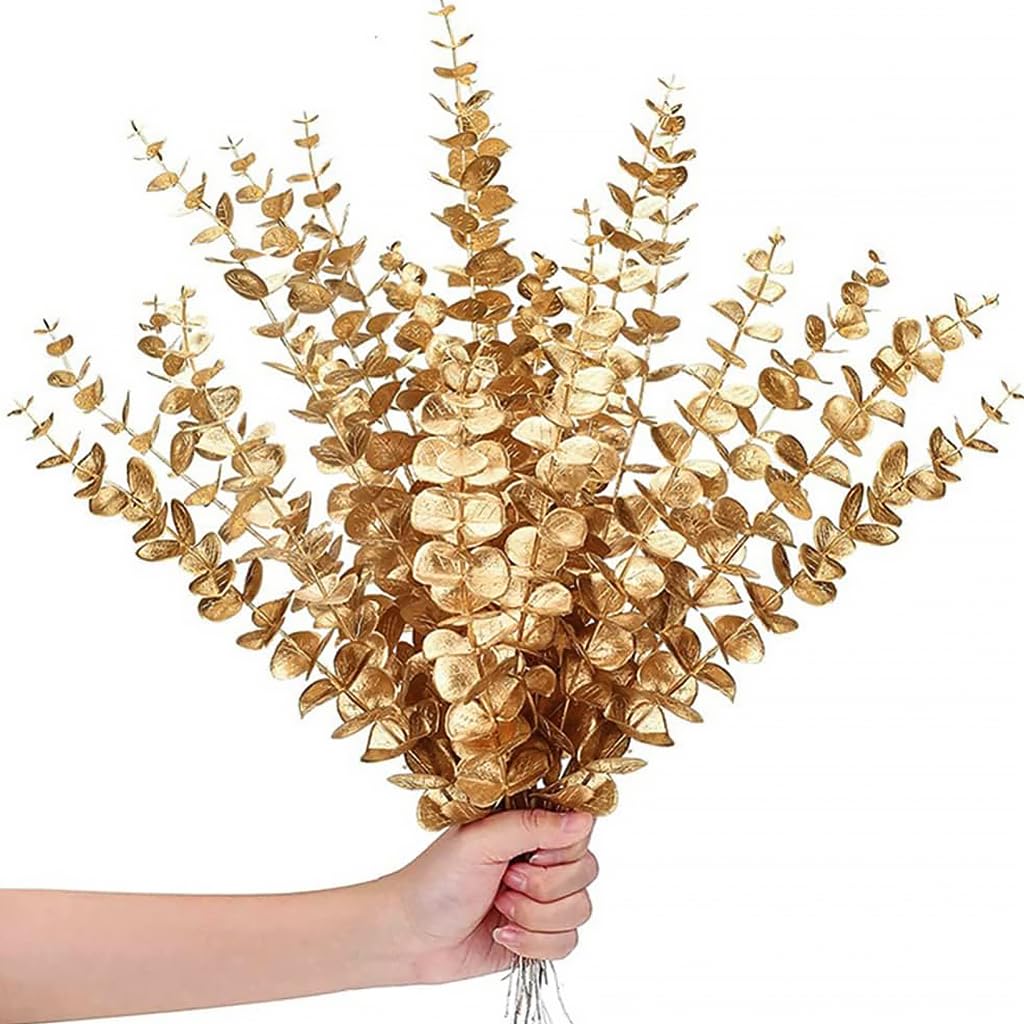 HASTHIP® 20Pcs Golden Eucalyptus Leaves Artificial Plants for Home Decor, Fake Leaves Artificial Leaves Branches Artificial Flowers for Wedding, Arrangement, Room Decoration, 16