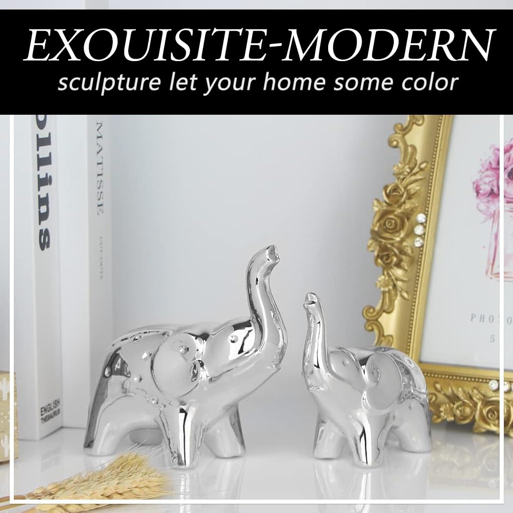 HASTHIP Elephant Statue Pair for Home and Office Decor featuring Silver Finish | 11.5cm and 9.5cm Ceramic Figurines
