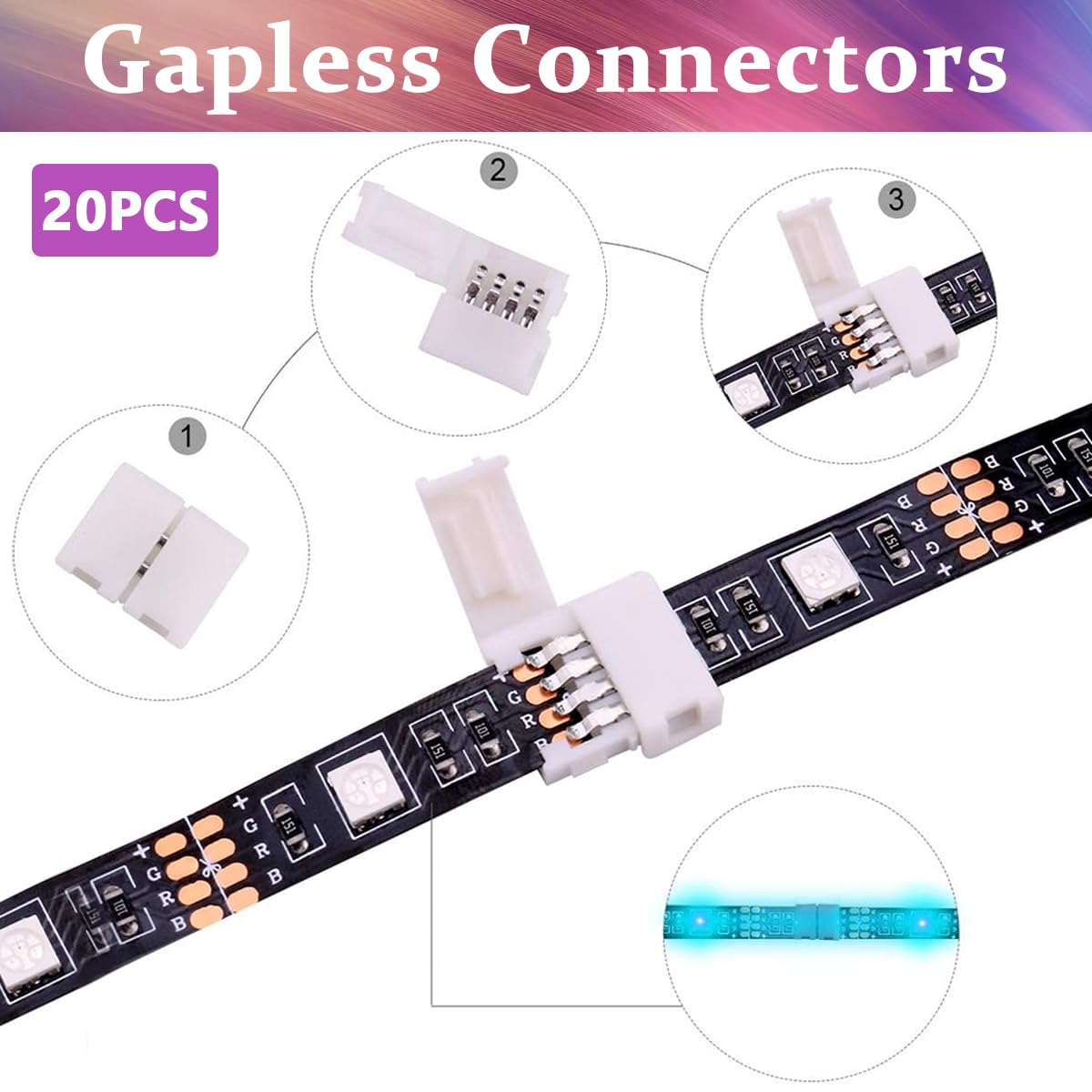 Zibuyu RGB LED Strip Connector Kit for 5050 10mm Lights with L T Shape Splitters | Includes 2PCS Gapless Extension Jumpers