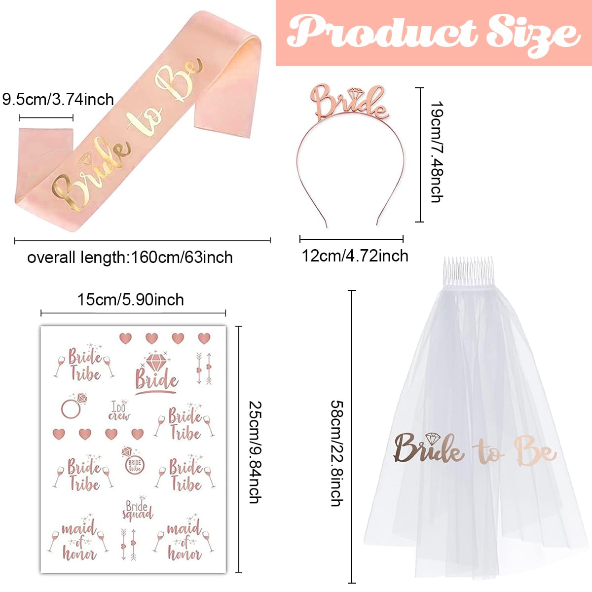 PATPAT® 4pcs Bride To Be Decoration Set, Rose Gold Bachelorette Party Decorations Hen Party Bride To Be Decoration Set Combo Bridal Shower Decorations Kit Accessories -Sash, Veil, Headband, Stickers