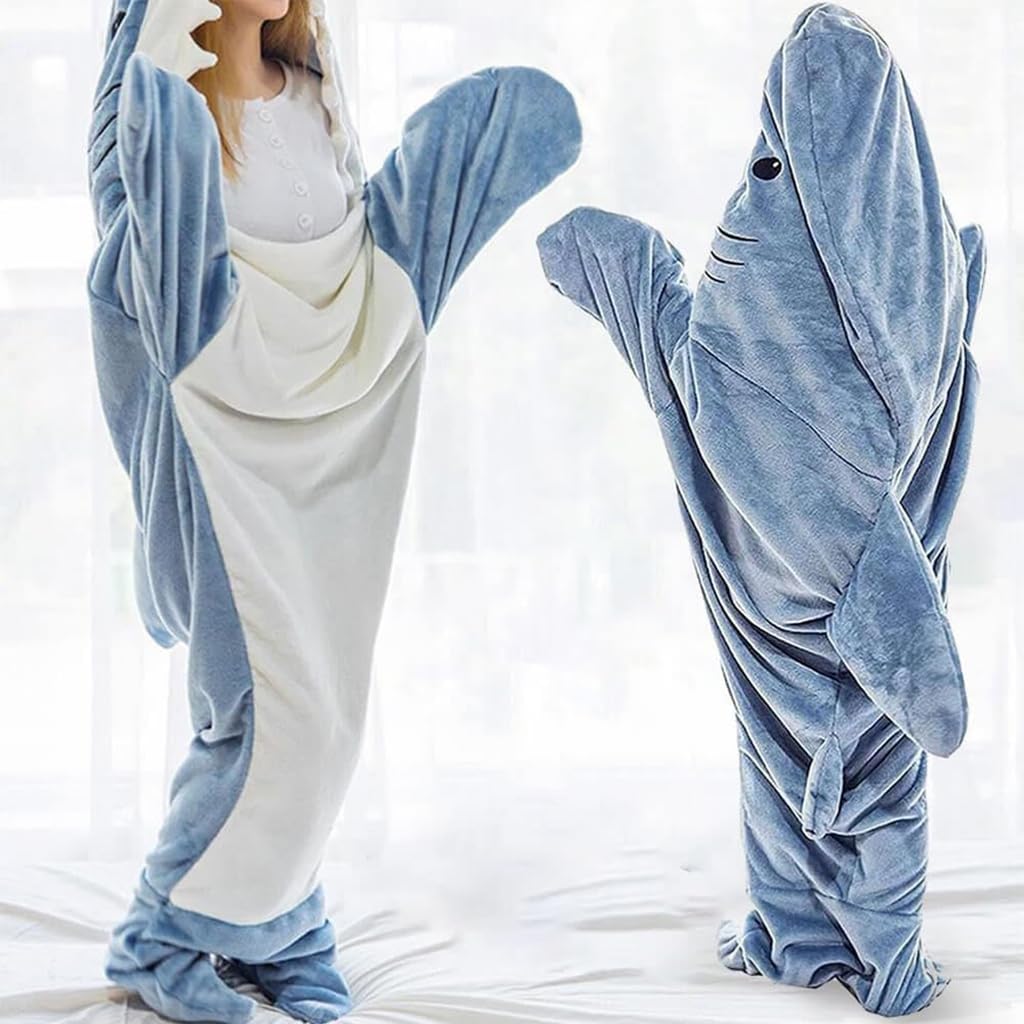 ZIBUYU® Shark Blanket Bag Pajamas for Women and Men Warm Flannel Hoodie Soft Plush Wearable Blanket Sleeping Bag for Adults & Teens Overnight Pajamas Party Shark Onesie Costume, 170cm