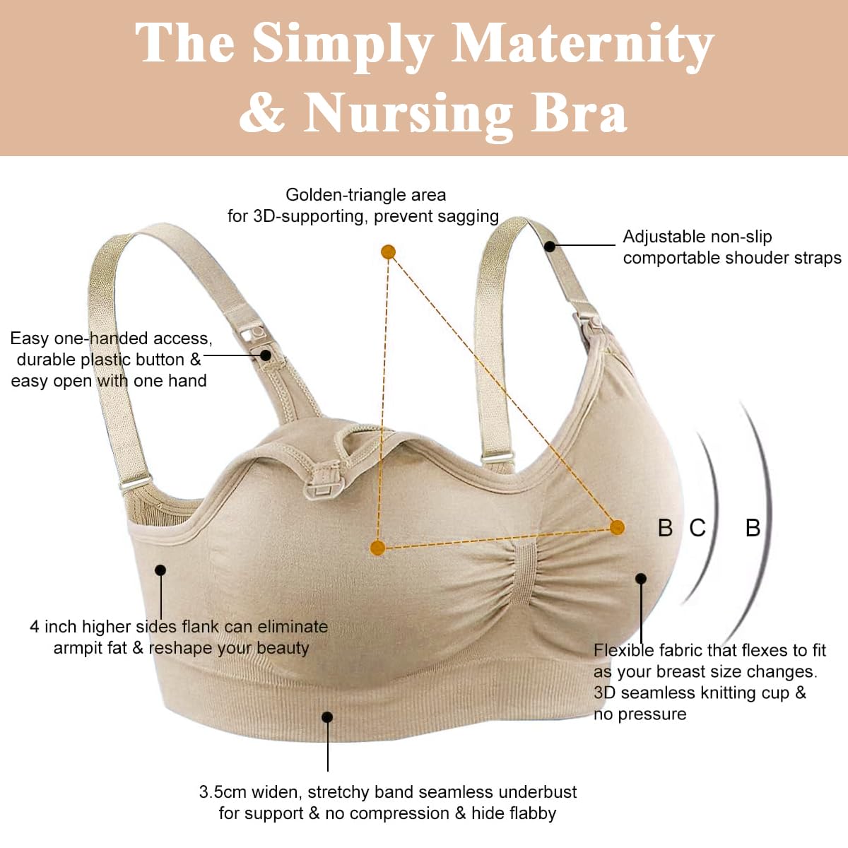 PALAY® Breastfeeding Bra Nursing Bra for New Moms Easy Release Clasp Design Breathable Nylon Nursing Bra Detachable Bra Cups Seamless Breastfeeding Bra, Beige, XXL