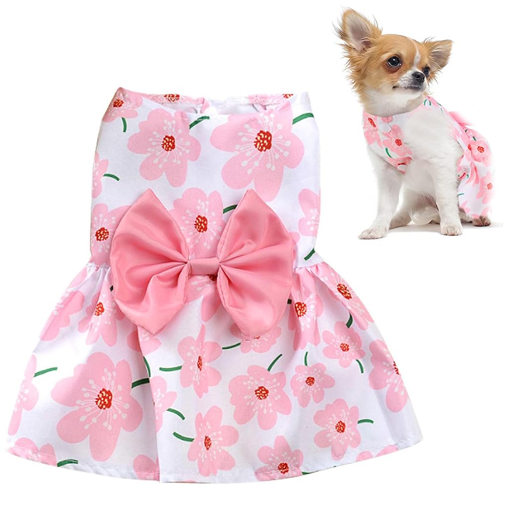 ZIBUYU® Dog Dress for Small Medium Dogs and Cats Cute Floral Print Dog Clothes with Pink Bow Summer Dog Cat Dress Puppy Pet Clothes for Daily, Walking - Size M