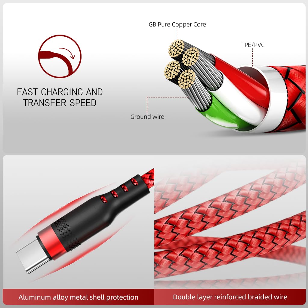 Verilux® 16.4ft Type C Charging Cable for iPhone 15 USB C 3.1 62W PD Data Sync Extra Long Nylon Woven for Phone Tablet PS5 Red 2PCS