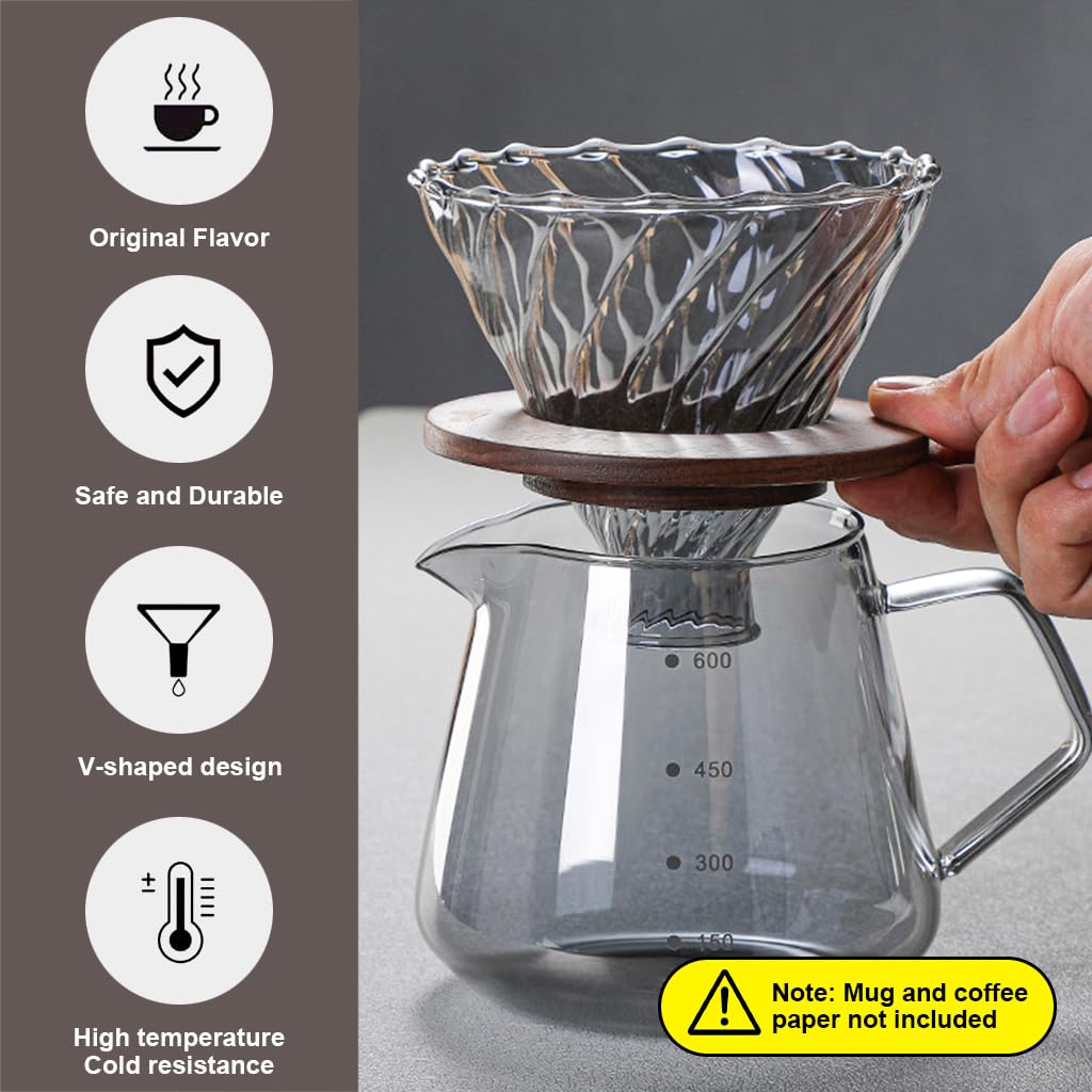 Supvox Glass Coffee Dripper with Spiral Ridges and Bamboo Stand | 2PCS High Borosilicate Set