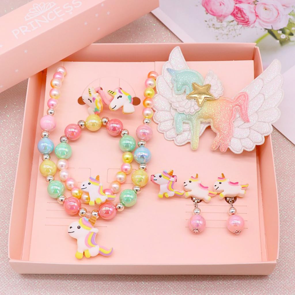 MAYCREATE Unicorn Necklace Set for Girls with Rainbow Beads and Bracelet 2 Pcs Pink | Birthday Gift