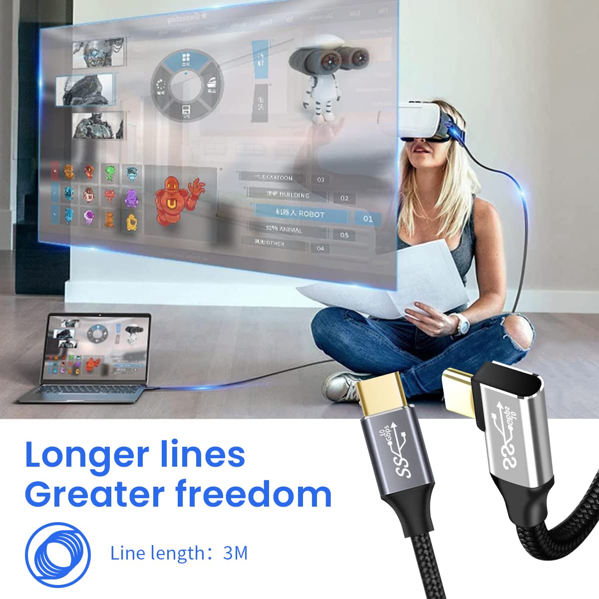 Zeitel Type C to Type C Cable for 100W PD Fast Charging 10ft with L Shape Plug | 10Gbps Data and 4K Video Output