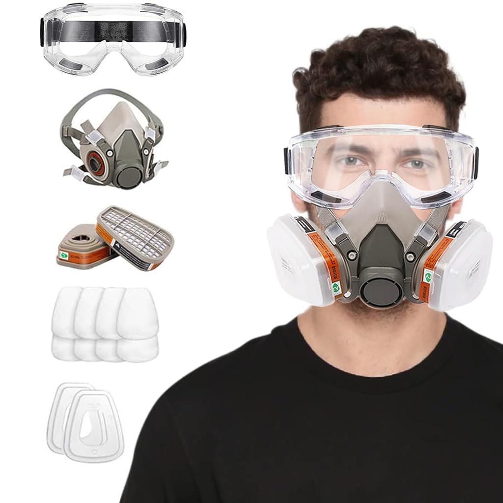 Serplex® Gas Mask Set Respirator with Filters and Goggle Activated Carbon Mask Gas Mask Paint Respirator for Epoxy Resin, Wall Painting, Welding, Polishing, Spraying, Mold Removal, Construction