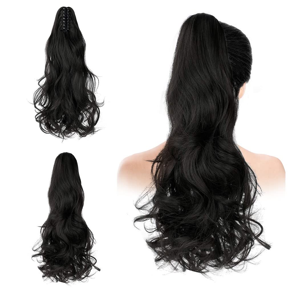 MAYCREATE Long Ponytail Hair Extension for Women with Clip On Claw | 22in Black Synthetic Curly Hairpiece