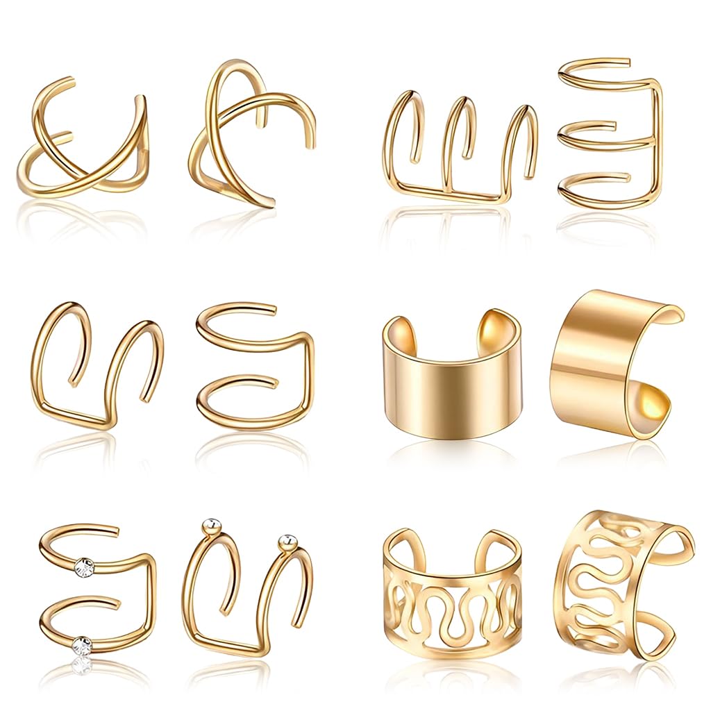 ZIBUYU Ear Cuffs for Women and Girls with Adjustable Non Piercing Clip Design | 12PC Zinc Alloy Set