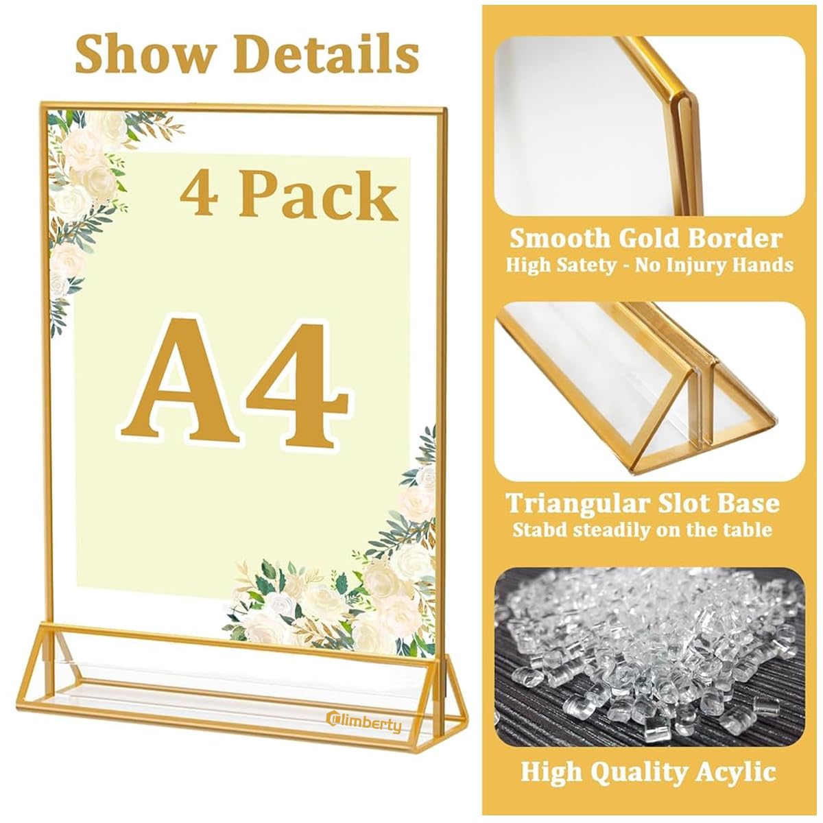 Climberty Acrylic Gold Sign Holder for Restaurant Menus and Office Displays | 4 Pack A4 Double Sided Clear Stand