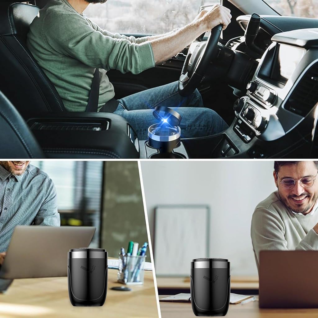 STHIRA Car Ashtray for Auto and Home with One Touch Flip Lid and Built In Light | Metal Alloy Lined Anti Odor Design
