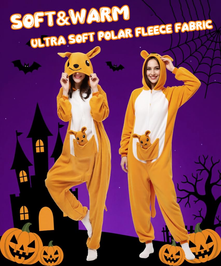 PALAY Cartoon Kangaroo Pajama for Women featuring Zipper Collar Hood Pocket and Plush Polar Fleece
