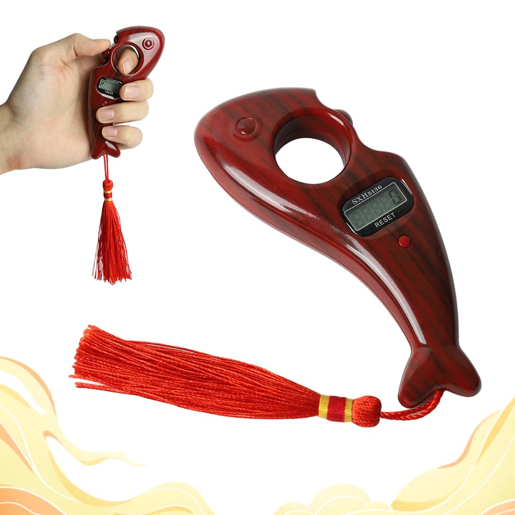 Proberos Digital Tally Counter for Spiritual Practices with 99,999 Count Capacity | Wooden Grain Fish Shape Design and Rolling Prayer Beads