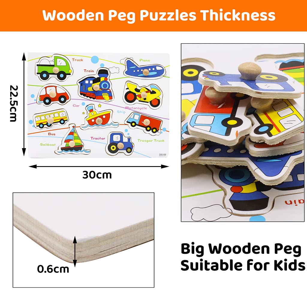PATPAT Wooden Puzzles for Kids with Alphabet and Car Themes 11.6 x 8.7 in | Montessori Learning Toy