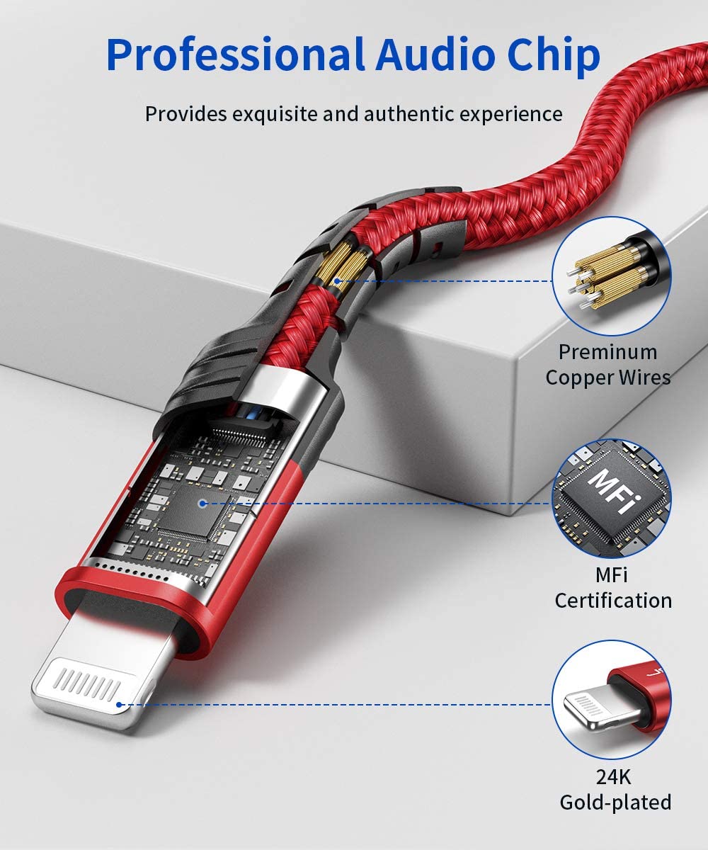 JSAUX Lightning to 3.5mm iPhone Aux Cable for Car & Headphones featuring Built in DAC | 6ft Nylon Braided Red