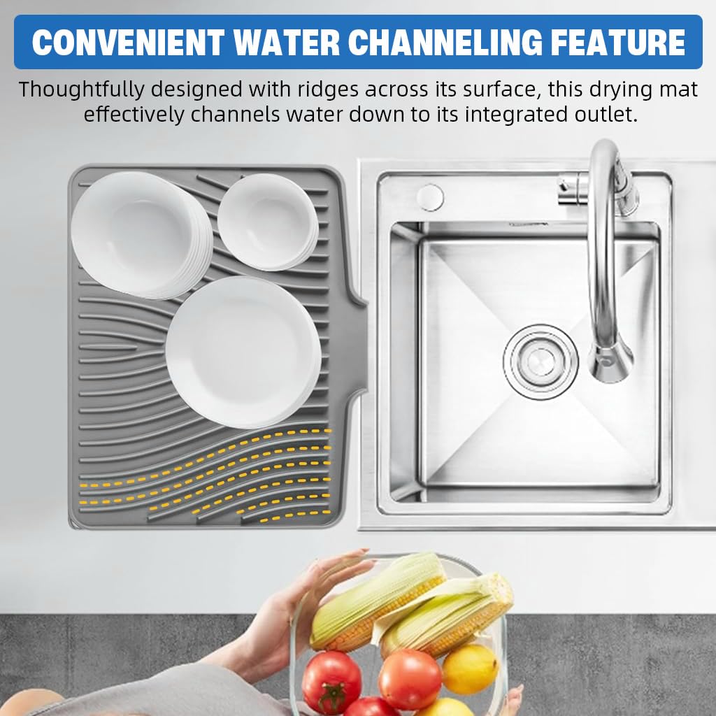 Supvox Dish Drying Mat for Kitchen 17.3 x 13 in featuring Built in Drain Lip Silicone | 2 PCS Grey