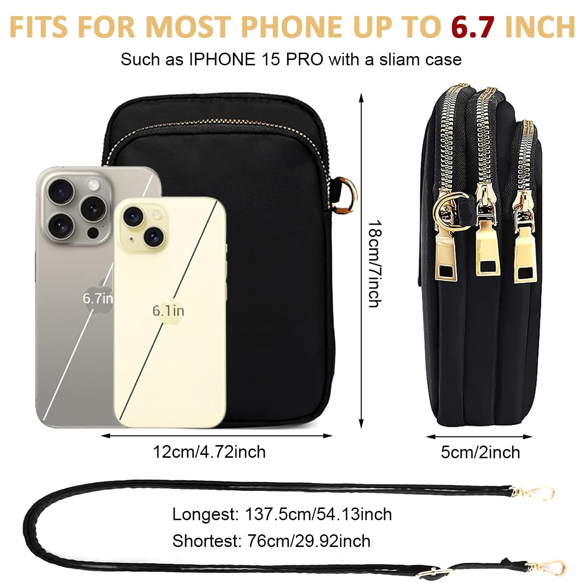 Zibuyu Crossbody Phone Bag for Women with Triple Layer Zipper and Earphone Hole | Black Water Resistant Nylon