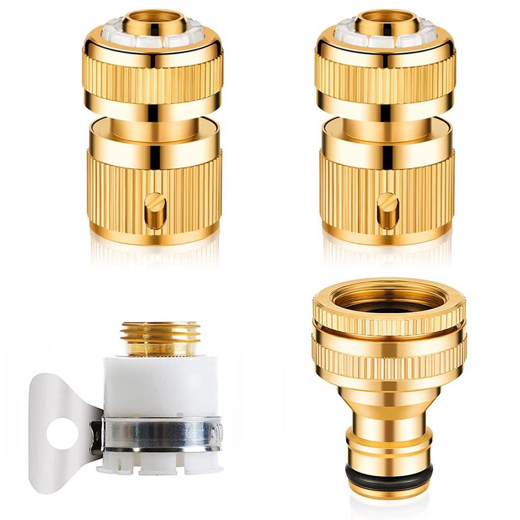 HASTHIP 4Pcs Universal Tap Connector, Brass Pipe Connector for Tap, Garden Hose Quick Connectors, 1/2 & 3/4 Inch Universal Faucet Adapter Tap Connector Sets for Garden Bathroom Kitchen Outdoors