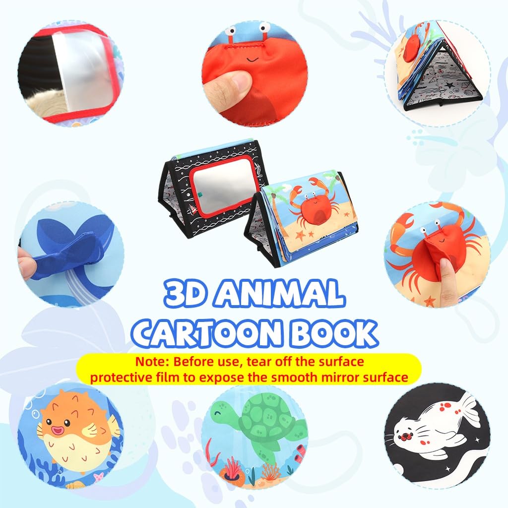 SNOWIE SOFT Cloth Books for Babies with 3D Ocean Animal Pages and Crinkle Mirror Toy | 2PCS