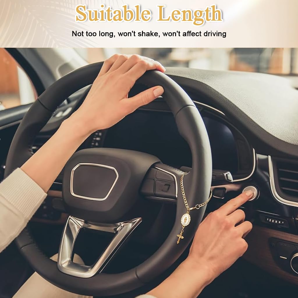 STHIRA Prayer Cross Pendant for Steering Wheel with Golden Alloy Chain and Rhinestones | Elegant Car Ornament Gift