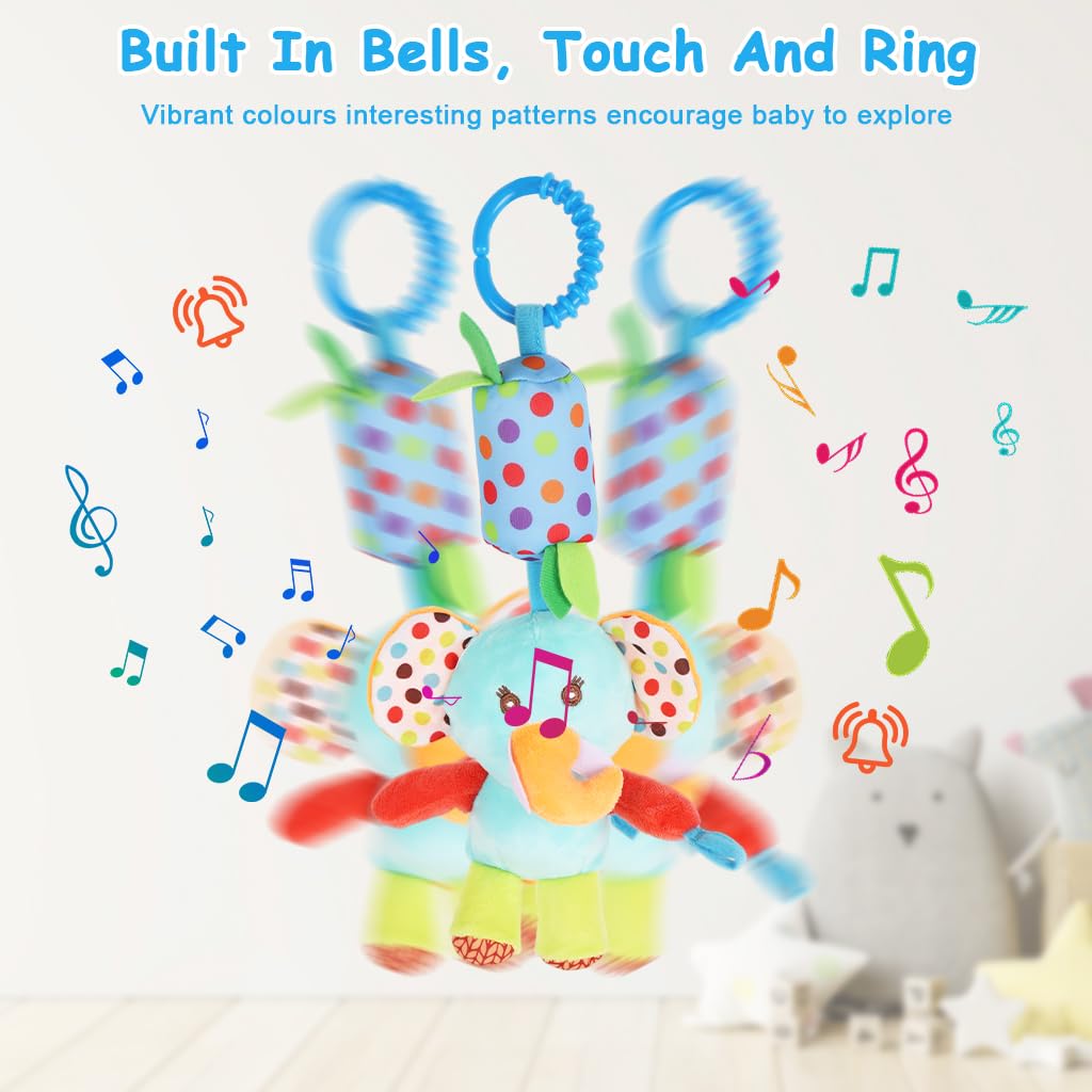 SNOWIE SOFT Hanging Toys for Newborn Baby with C Clip Ring featuring Plush Animal Cow | Soft Rattle and Crinkle Toy for Strollers and Car Seats