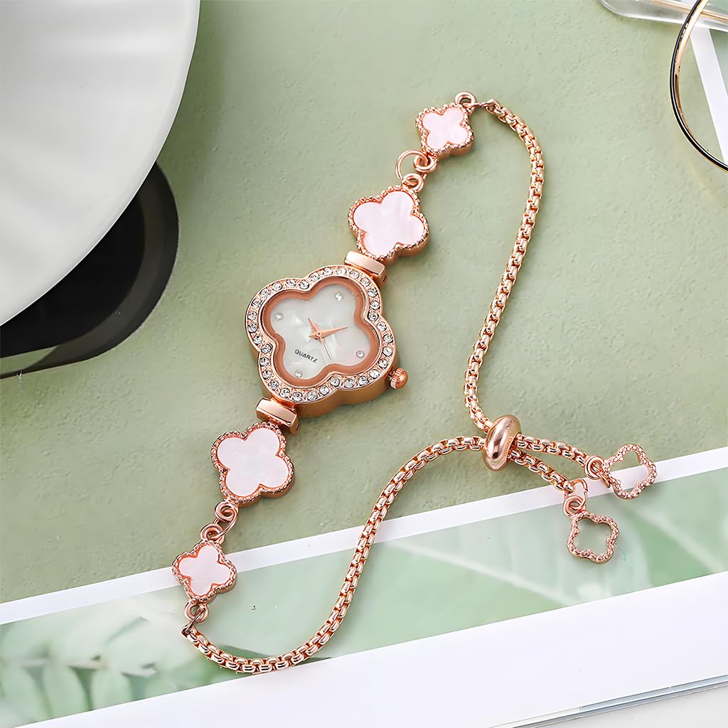 Fancyku Wrist Watch for Women with Adjustable Sliding Buckle and Four Leaf Clover Charm | Rose Gold Rhinestone Bracelet Gift