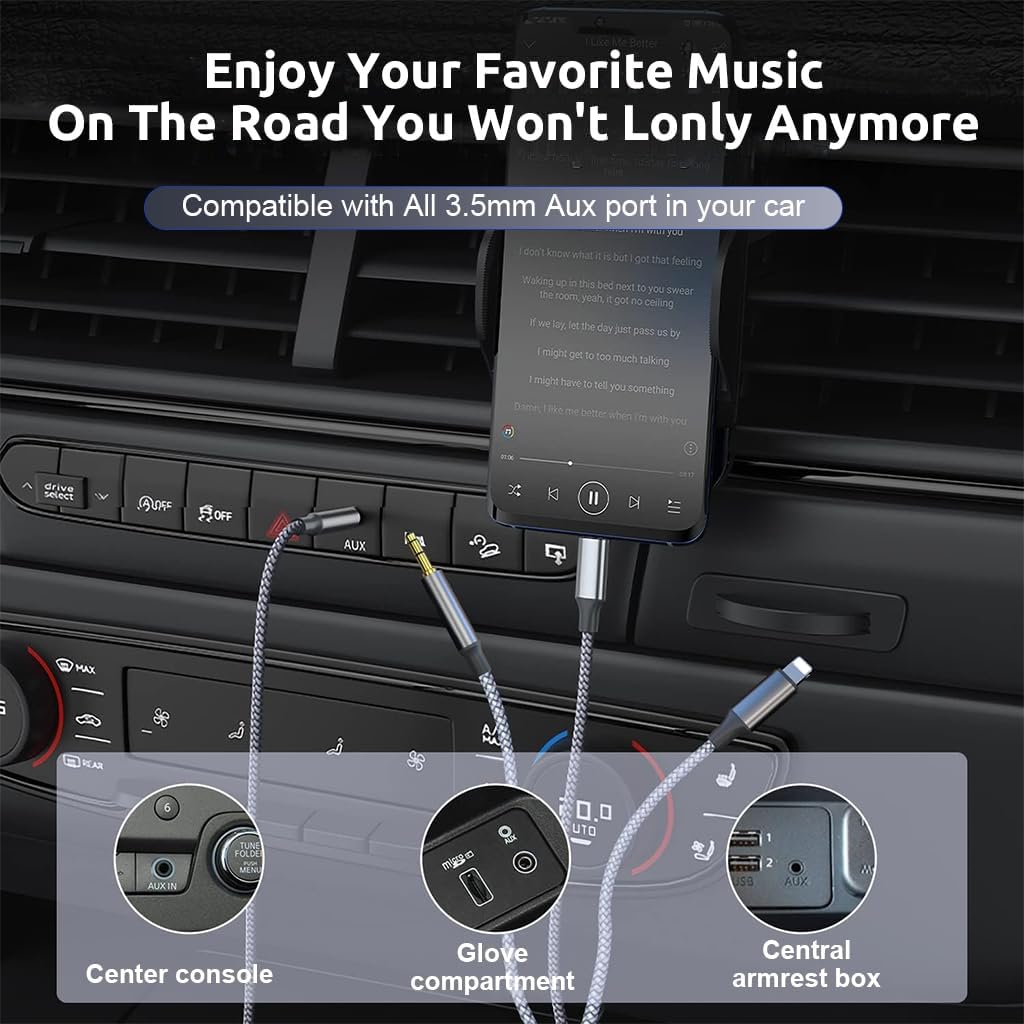 ZEITEL 3 in 1 Car Aux Cable for Stereo and Headphones with 1.5m Nylon Braid | USB C Lightning 3.5mm Connectors