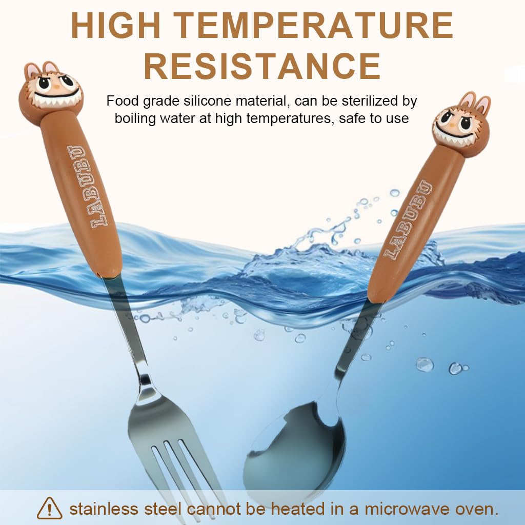 Supvox Fork and Spoon Set with Cartoon Handles and Storage Case for School & Picnic | Stainless Steel Utensils for Kids