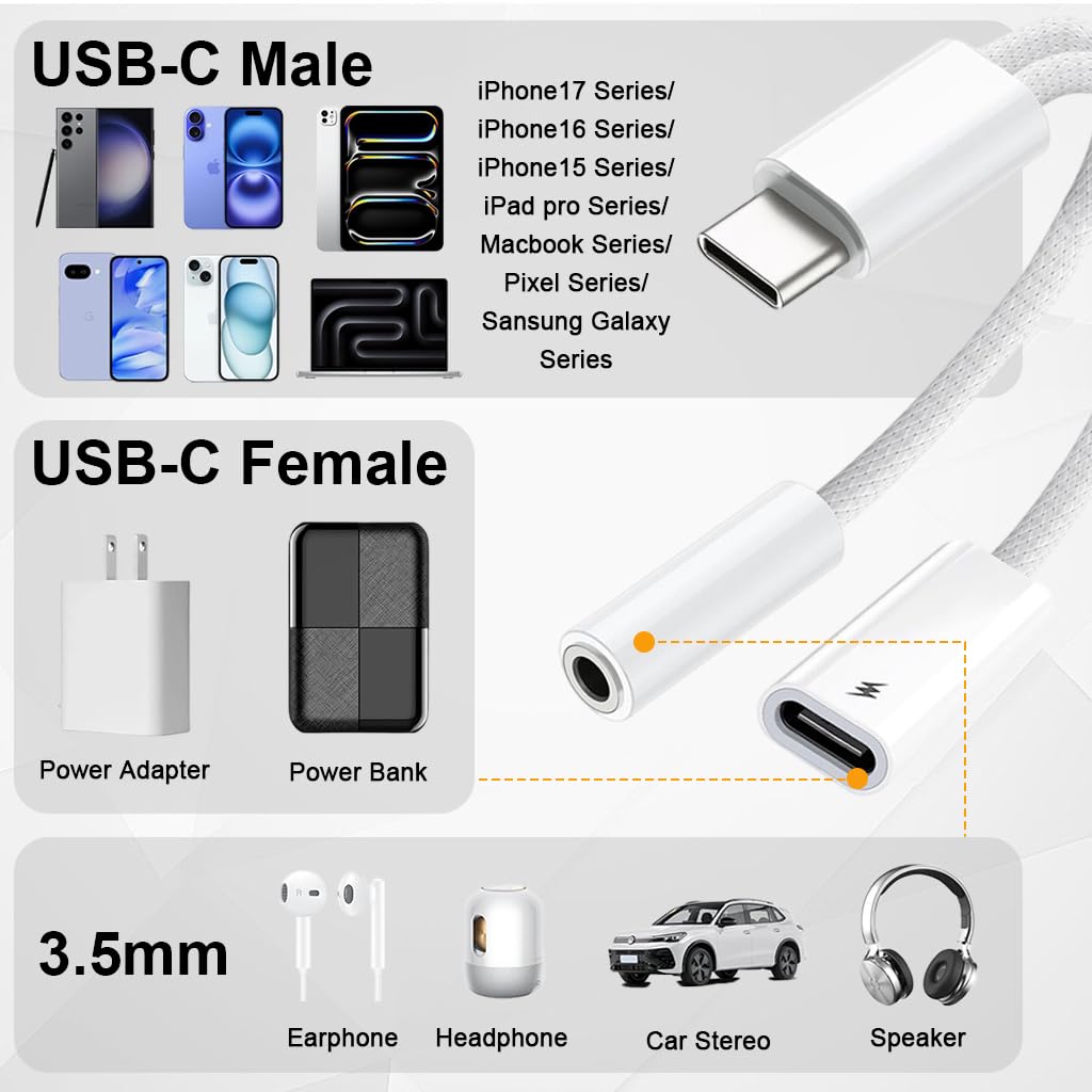 Verilux Type C to 3.5mm Audio Adapter with PD Fast Charging and Smart DAC Chip | Aluminum Alloy Design