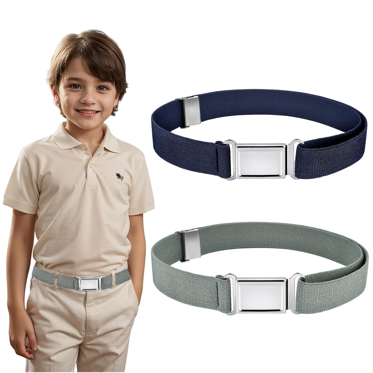 GUSTAVE Kids Belt for Boys and Girls featuring Adjustable Silver Buckle | 2pcs Elastic Grey and Navy Blue Set